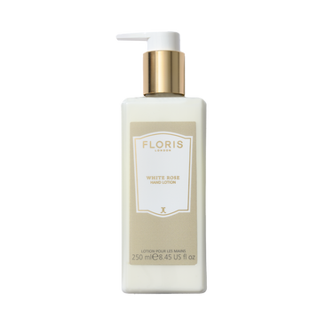 Floris London White Rose - Luxury Hand Lotion, 250ml, with sweet almond oil, gold pump, and beige label—ideal for dry skin.