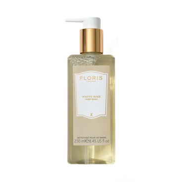 Floris London White Rose - Luxury Hand Wash, 250ml with gold pump, features a gentle formula enriched with coconut and olive ingredients.