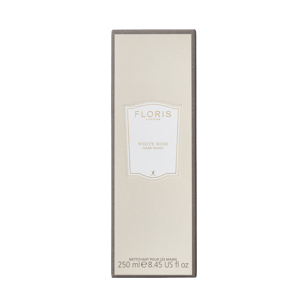 A beige Floris London box with White Rose - Luxury Hand Wash 250ml, elegantly accented with gold trim and text.