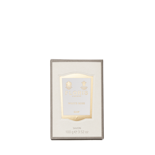 Floris London White Rose - Luxury Soap, 100g, enriched with shea butter and featuring a gold and white label for an elegant touch.