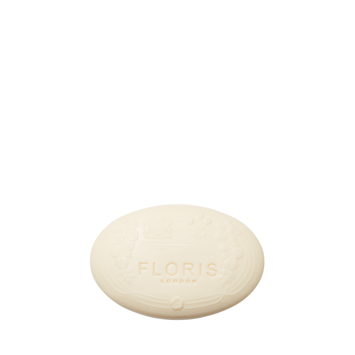 White Rose - Luxury Soap by Floris London: an oval, embossed white bar soap crafted from a luxurious vegetable base, shown on a plain white background.