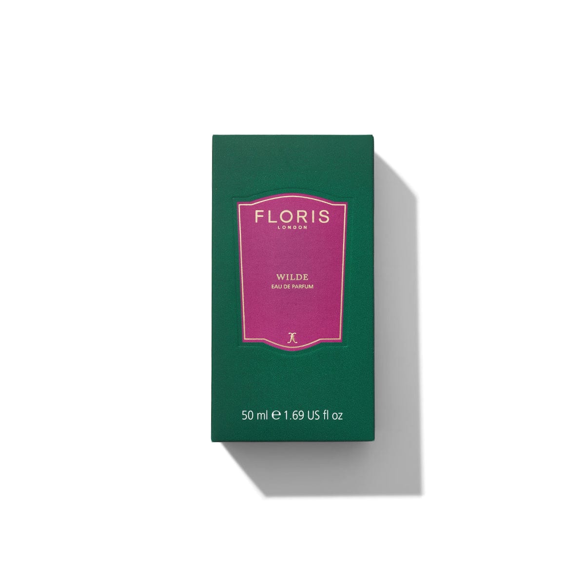 A green box with a purple label for Floris London's Wilde - Eau de Parfum, 50 ml (1.69 US fl oz), on a white background, capturing the essence of Oscar Wilde's individuality.