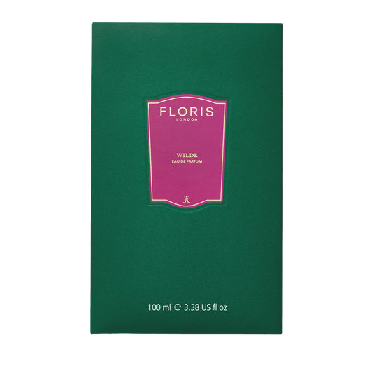Floris London Wilde Eau de Parfum comes in a green box with a pink label, inspired by Oscar Wilde and celebrating creative expression.