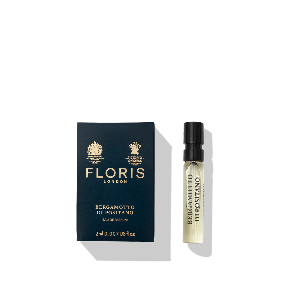 Bergamotto di Positano Eau de Parfum sample by Floris London US, showcasing the sample vial and packaging, ideal for trying the fresh citrus scent.