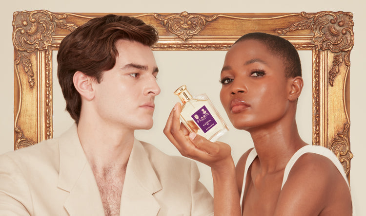 Platinum 22 Eau de Parfum by Floris London US, showcased with two models holding the fragrance bottle, highlighting its luxurious and sophisticated appeal.