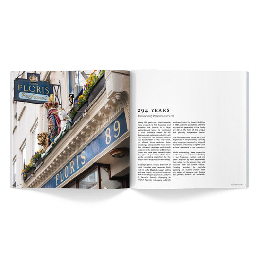 Open book displaying a Floris London shop sign on the left page and text about its 294-year history on the right page, part of the stunning 2024|25 Catalogue showcasing your favourite fragrances.