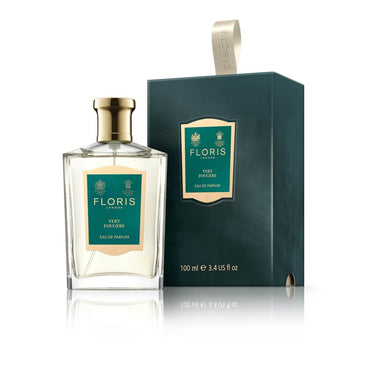 Floris London Vert Fougere 100ml bottle and box, with a green and gold design, elegantly displayed on a reflective surface.