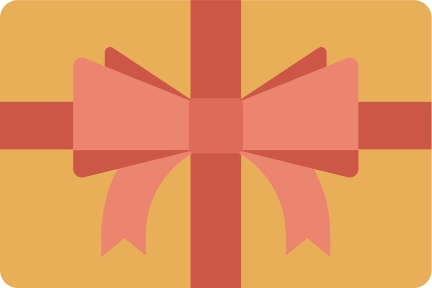 Floris London UK's Gift Card encased in a yellow box adorned with a large red ribbon and bow.