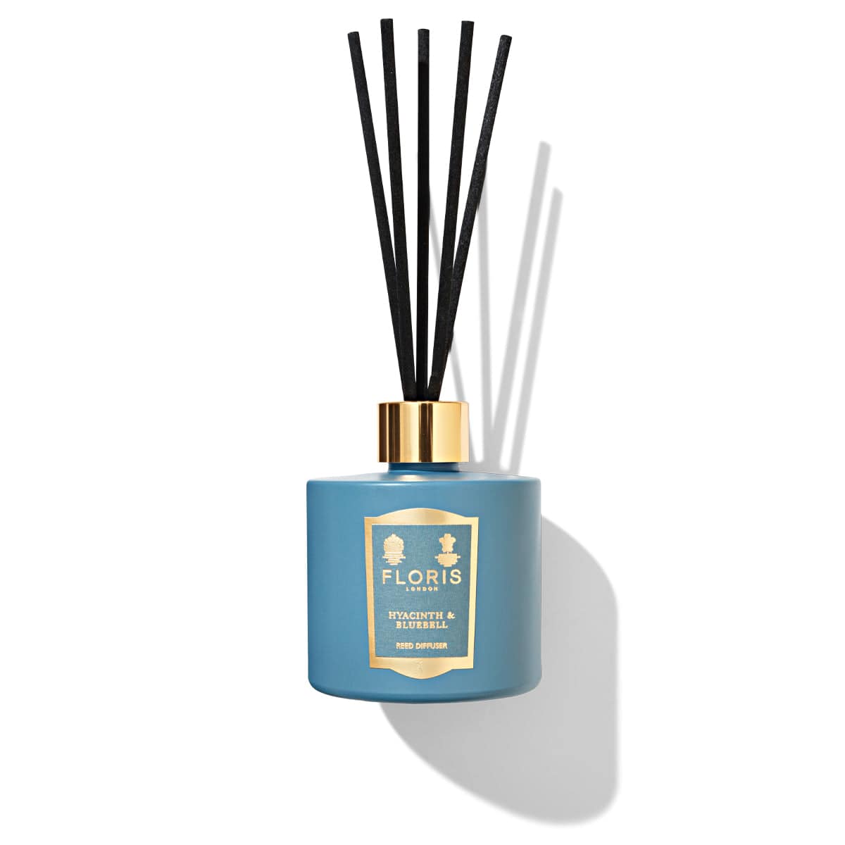 Hyacinth & Bluebell Reed Diffuser by Floris London US, displayed with reeds in an elegant blue bottle, highlighting the fresh floral fragrance.