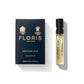 Floris London's Leather Oud Eau de Parfum sample is packaged in a chic blue and gold box, featuring vegan oud oil for a luxurious scent experience.