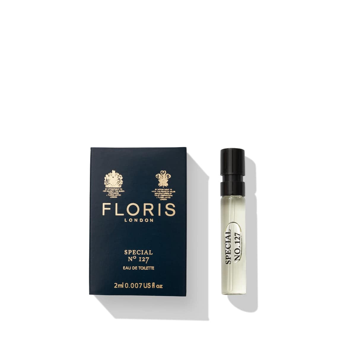 Special No. 127 Eau de Toilette sample by Floris London US, featuring a sample vial and box, perfect for experiencing the classic fragrance.