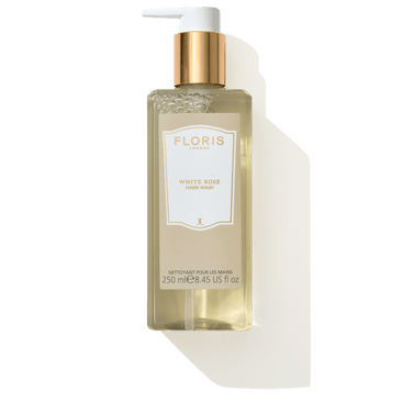 White Rose Hand Wash 250ml bottle by Floris London US, featuring a clean and elegant design with a pump dispenser.